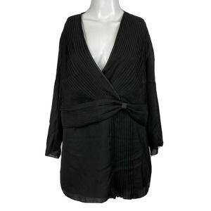 Cato Shirt Womens Sz 14W 16W Black‎ Chiffon Blouse Top Pleated Surplice V Neck